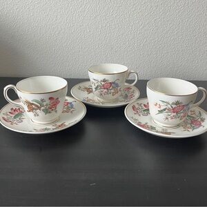 Set of 3 Wedgwood SANDON Bone China Cups and Saucers ~ Vintage 1950s Floral